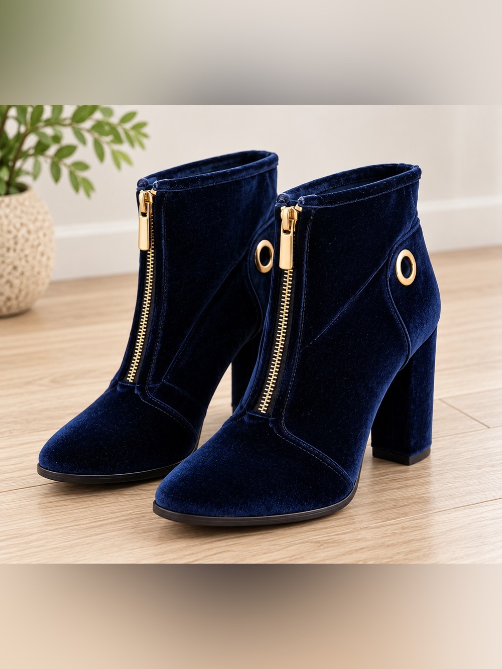 ShoeDazzle Lexi Navy Blue Velvet Gold Zip Ankle Boots Size 8